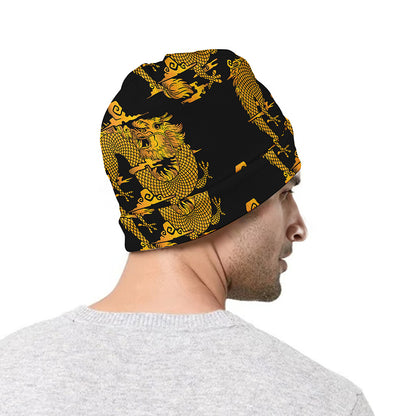 Black And Gold Dragon Pattern Print Beanie