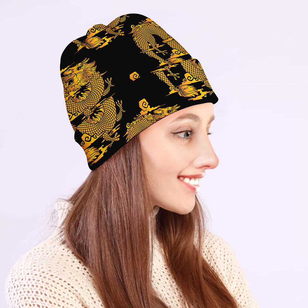 Black And Gold Dragon Pattern Print Beanie