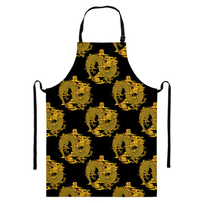 Black And Gold Dragon Pattern Print Bib Apron With Pocket