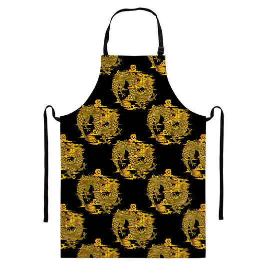 Black And Gold Dragon Pattern Print Bib Apron With Pocket