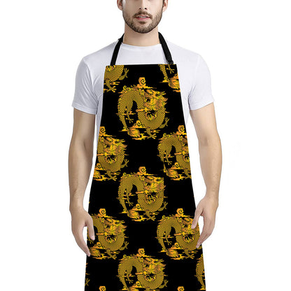 Black And Gold Dragon Pattern Print Bib Apron With Pocket