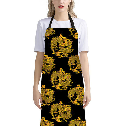 Black And Gold Dragon Pattern Print Bib Apron With Pocket