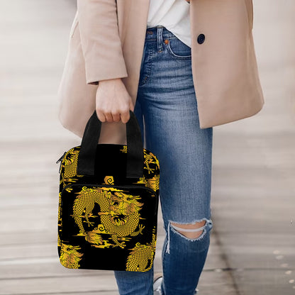 Black And Gold Dragon Pattern Print Bible Tote Bag