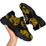 Black And Gold Dragon Pattern Print Black Chunky Shoes