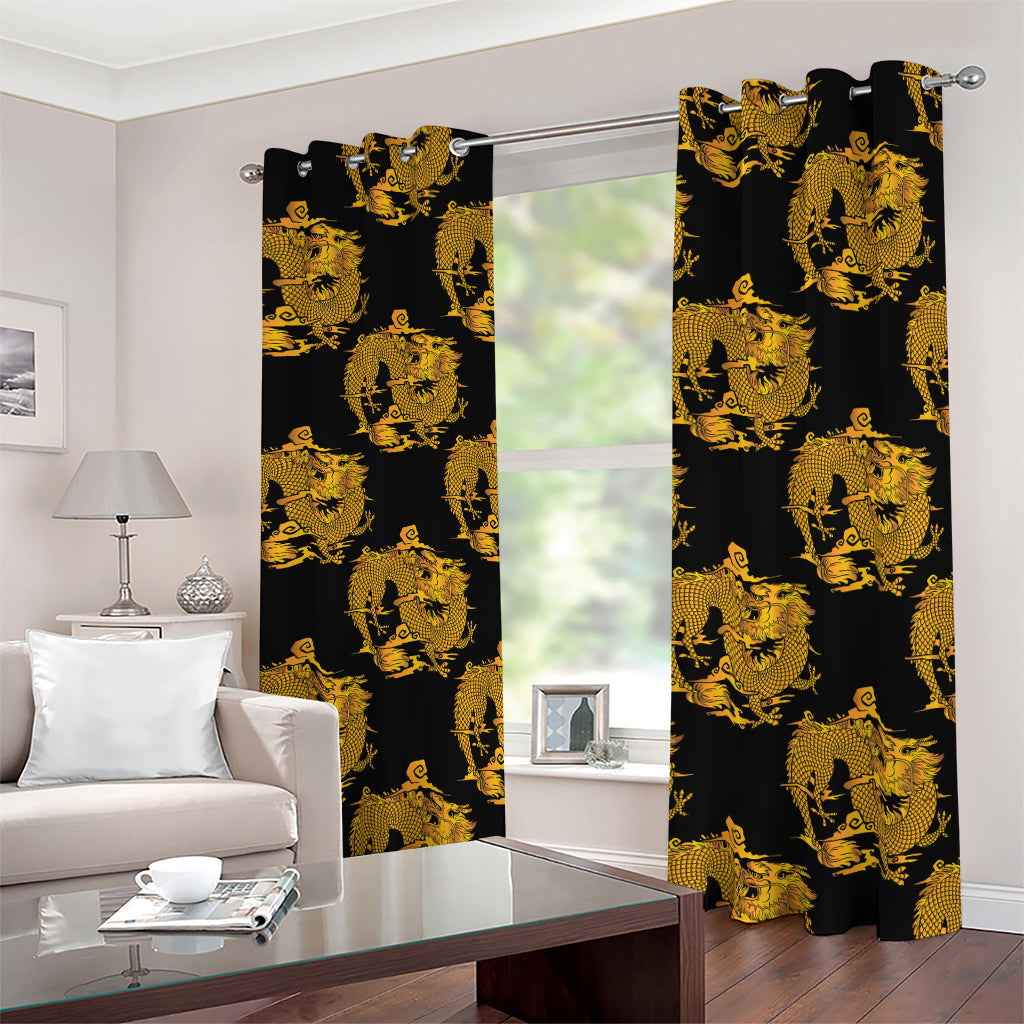 Black And Gold Dragon Pattern Print Blackout Grommet Curtains