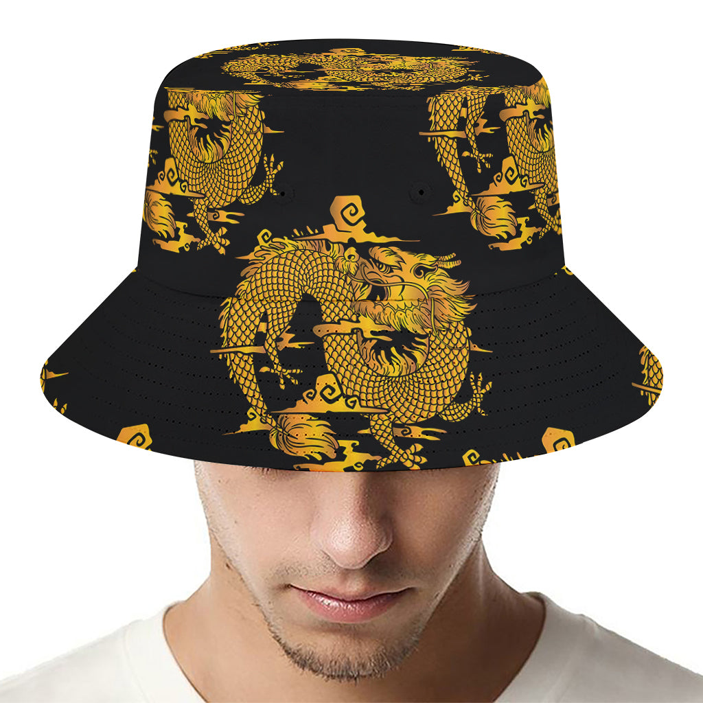 Black And Gold Dragon Pattern Print Bucket Hat