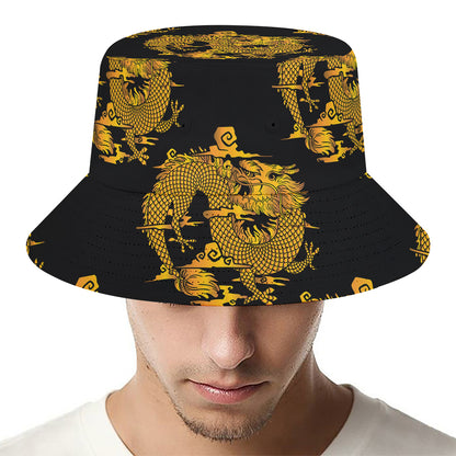 Black And Gold Dragon Pattern Print Bucket Hat
