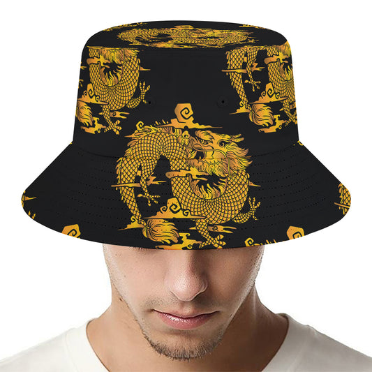 Black And Gold Dragon Pattern Print Bucket Hat