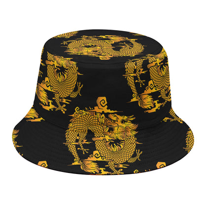 Black And Gold Dragon Pattern Print Bucket Hat