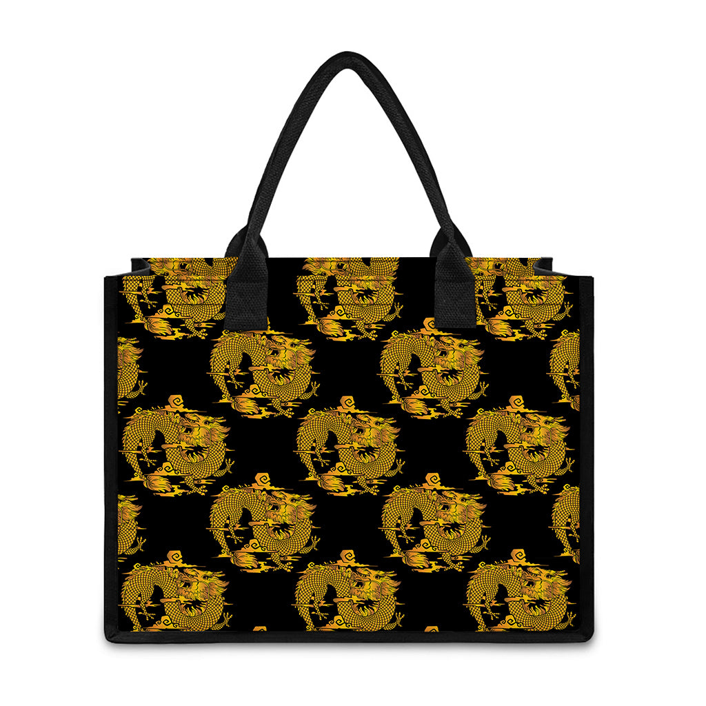 Black And Gold Dragon Pattern Print Canvas Tote Bag