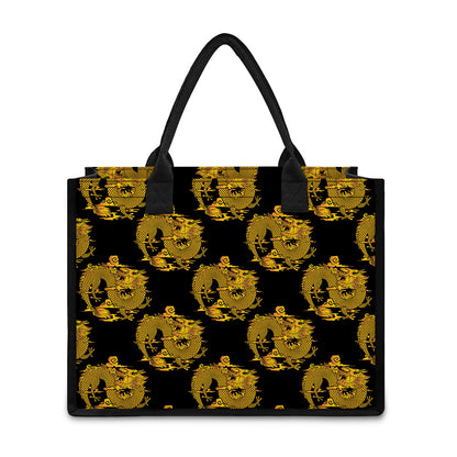 Black And Gold Dragon Pattern Print Canvas Tote Bag