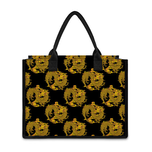 Black And Gold Dragon Pattern Print Canvas Tote Bag