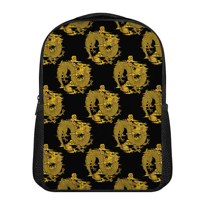 Black And Gold Dragon Pattern Print Casual Backpack