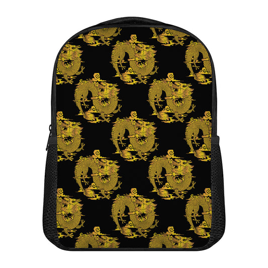 Black And Gold Dragon Pattern Print Casual Backpack