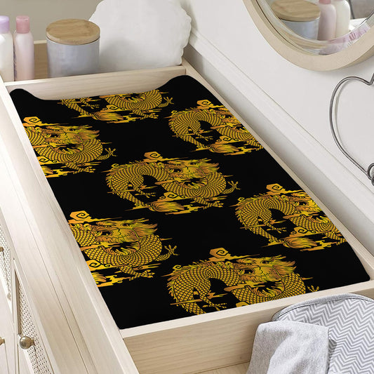 Black And Gold Dragon Pattern Print Changing Pad Cover