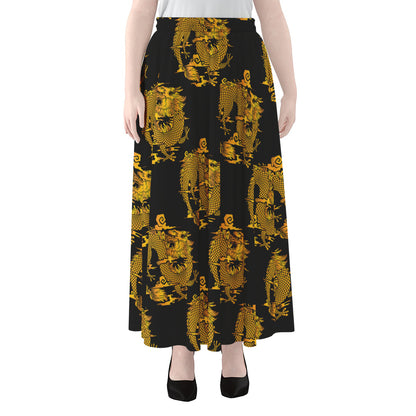 Black And Gold Dragon Pattern Print Chiffon Maxi Skirt