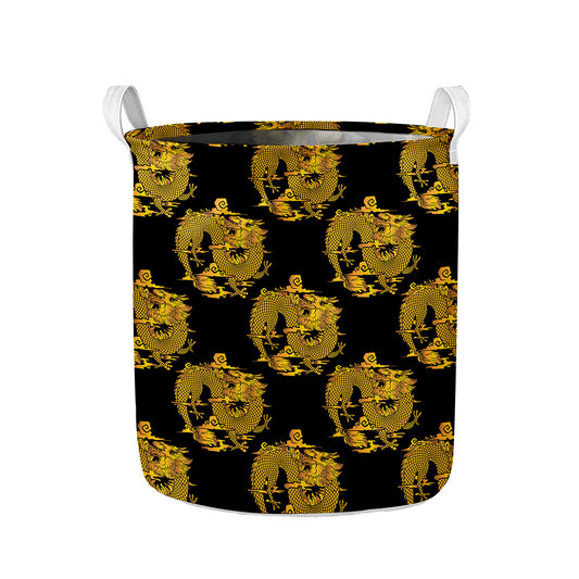 Black And Gold Dragon Pattern Print Collapsible Laundry Basket