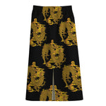 Black And Gold Dragon Pattern Print Cotton Front Slit Maxi Skirt