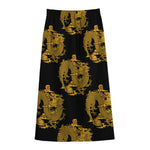 Black And Gold Dragon Pattern Print Cotton Front Slit Maxi Skirt