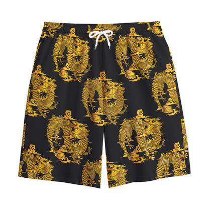 Black And Gold Dragon Pattern Print Cotton Shorts