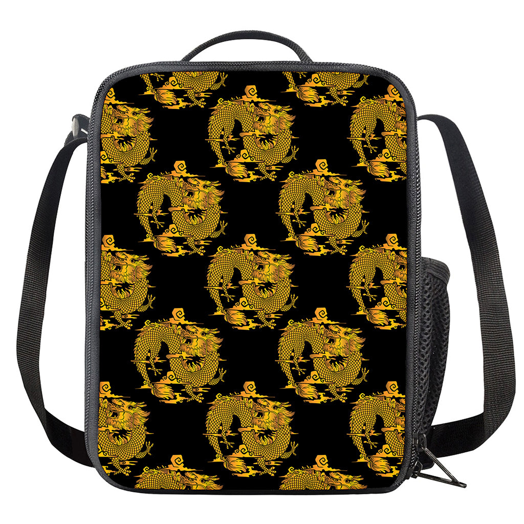 Black And Gold Dragon Pattern Print Crossbody Lunch Bag