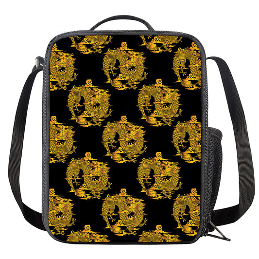 Black And Gold Dragon Pattern Print Crossbody Lunch Bag