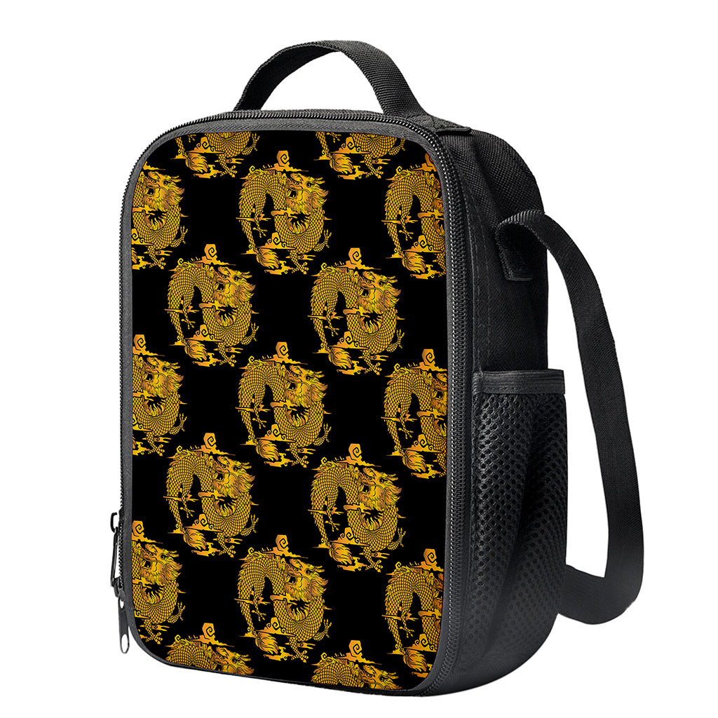 Black And Gold Dragon Pattern Print Crossbody Lunch Bag