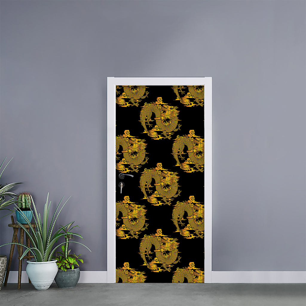 Black And Gold Dragon Pattern Print Door Sticker