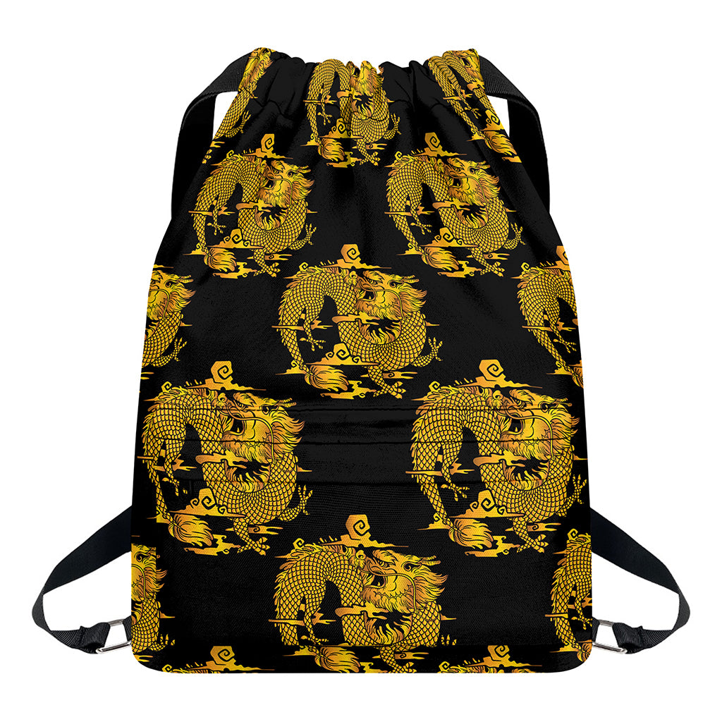 Black And Gold Dragon Pattern Print Drawstring Backpack