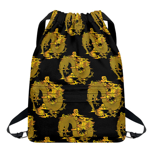 Black And Gold Dragon Pattern Print Drawstring Backpack