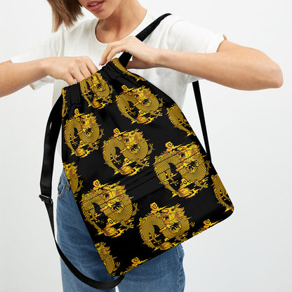 Black And Gold Dragon Pattern Print Drawstring Backpack