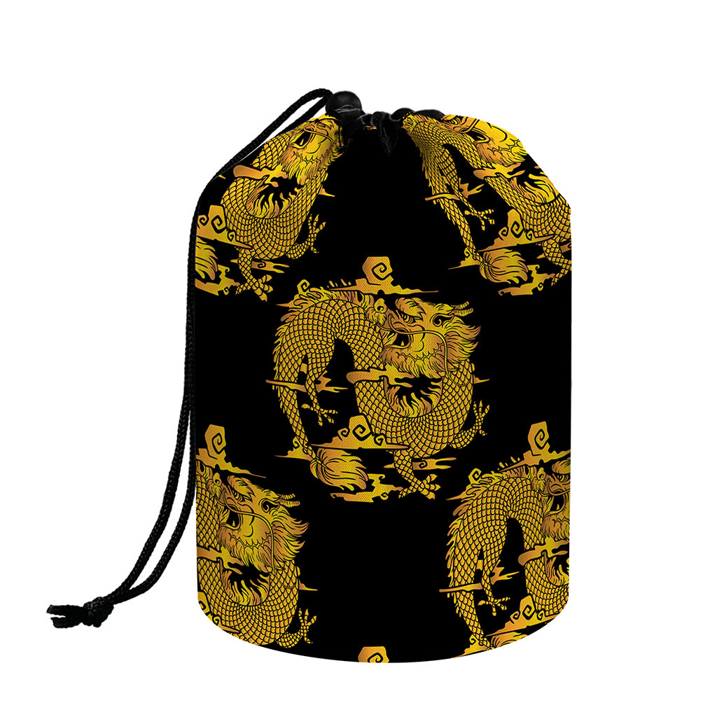 Black And Gold Dragon Pattern Print Drawstring Makeup Bag