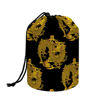 Black And Gold Dragon Pattern Print Drawstring Makeup Bag