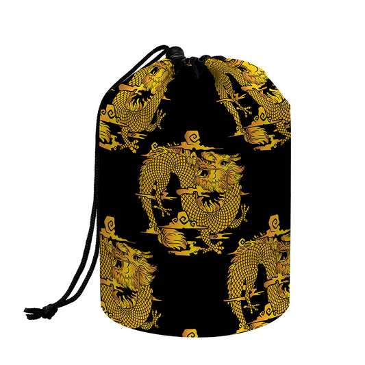 Black And Gold Dragon Pattern Print Drawstring Makeup Bag