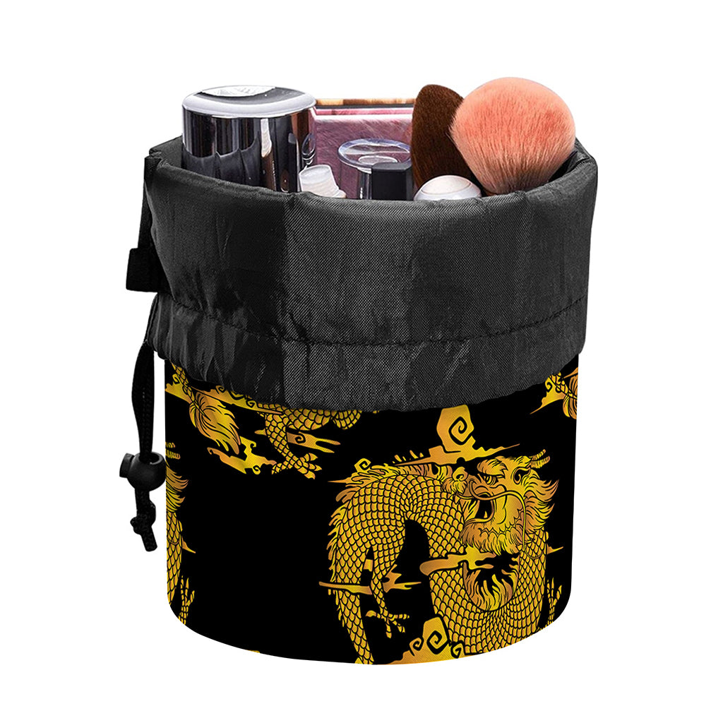 Black And Gold Dragon Pattern Print Drawstring Makeup Bag