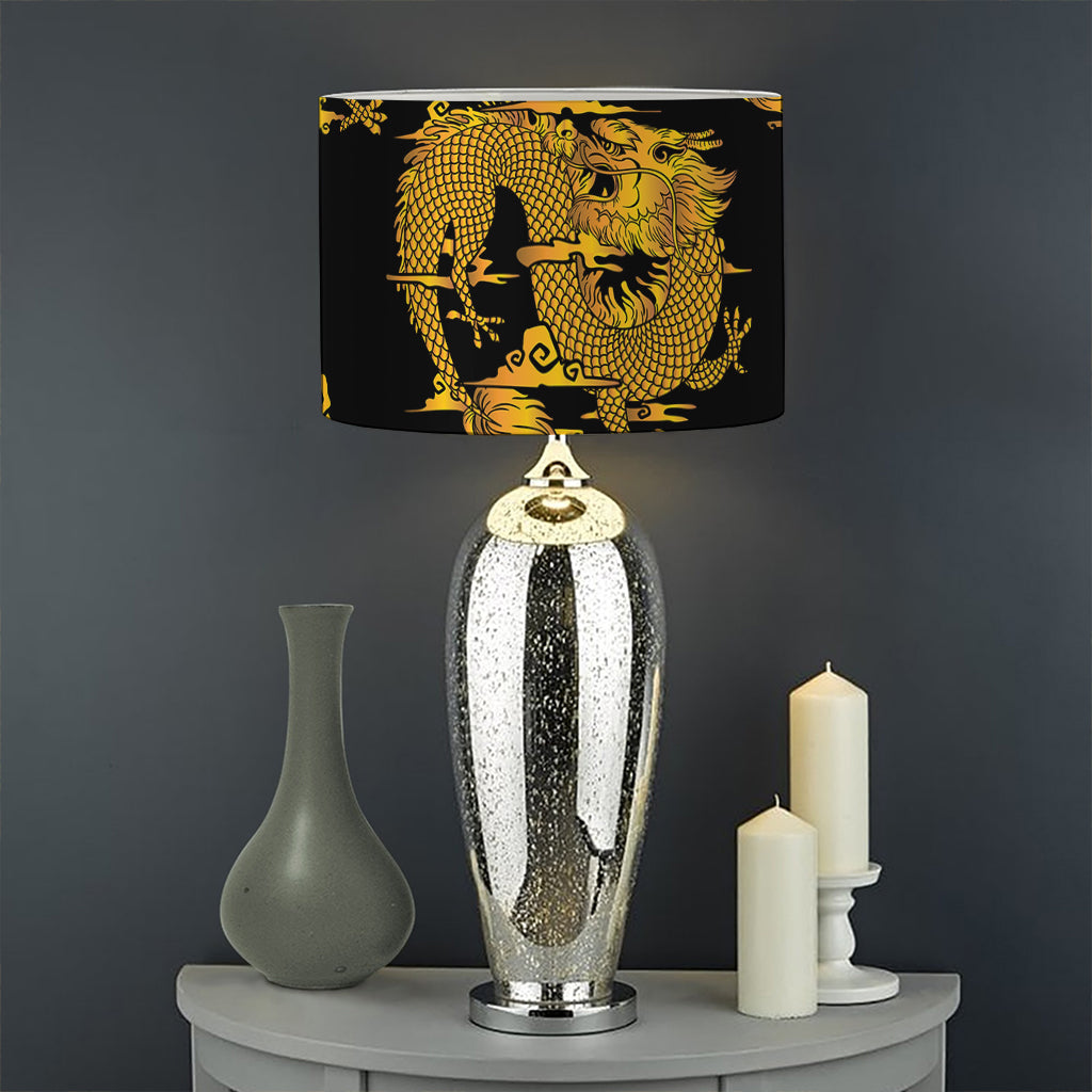 Black And Gold Dragon Pattern Print Drum Lamp Shade
