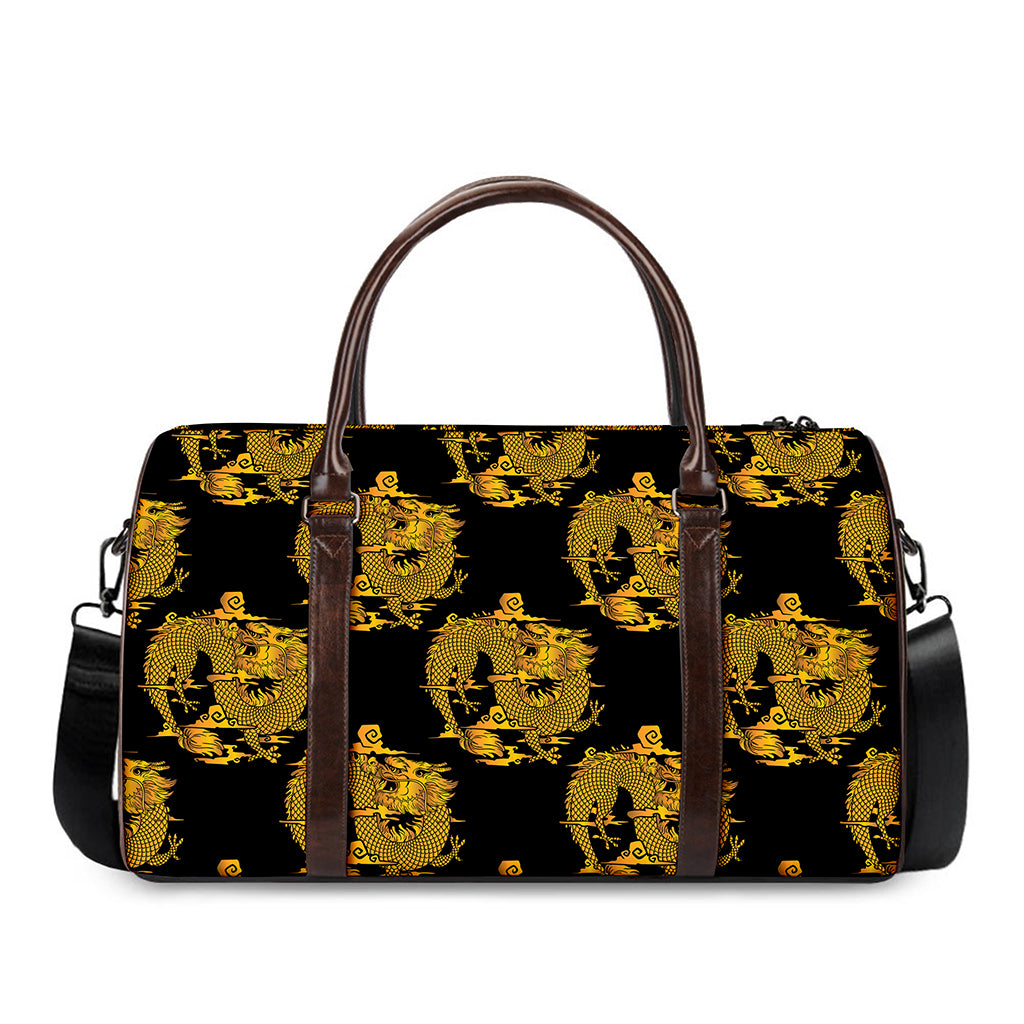 Black And Gold Dragon Pattern Print Duffle Bag