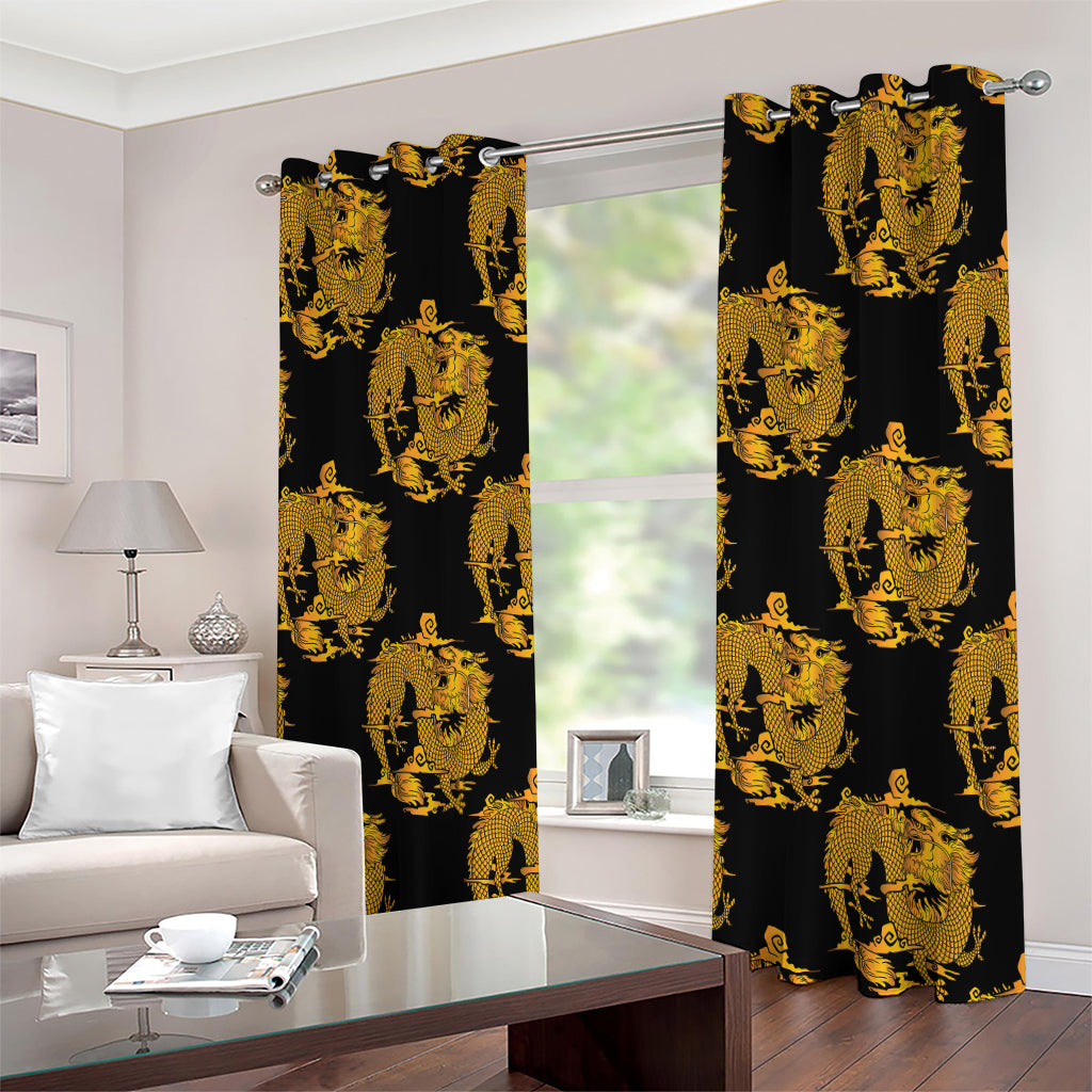 Black And Gold Dragon Pattern Print Extra Wide Grommet Curtains