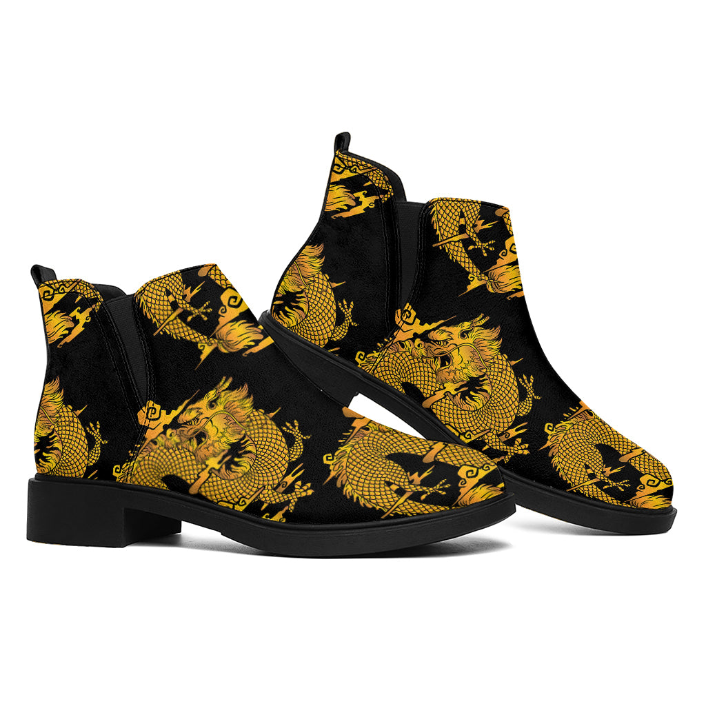 Black And Gold Dragon Pattern Print Flat Ankle Boots