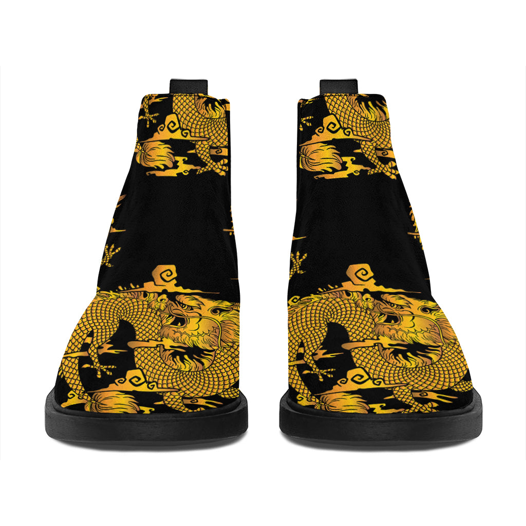Black And Gold Dragon Pattern Print Flat Ankle Boots
