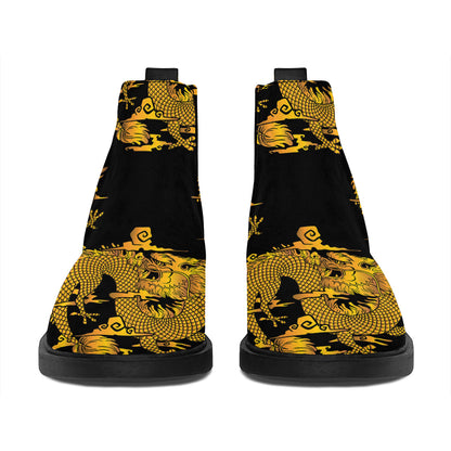 Black And Gold Dragon Pattern Print Flat Ankle Boots