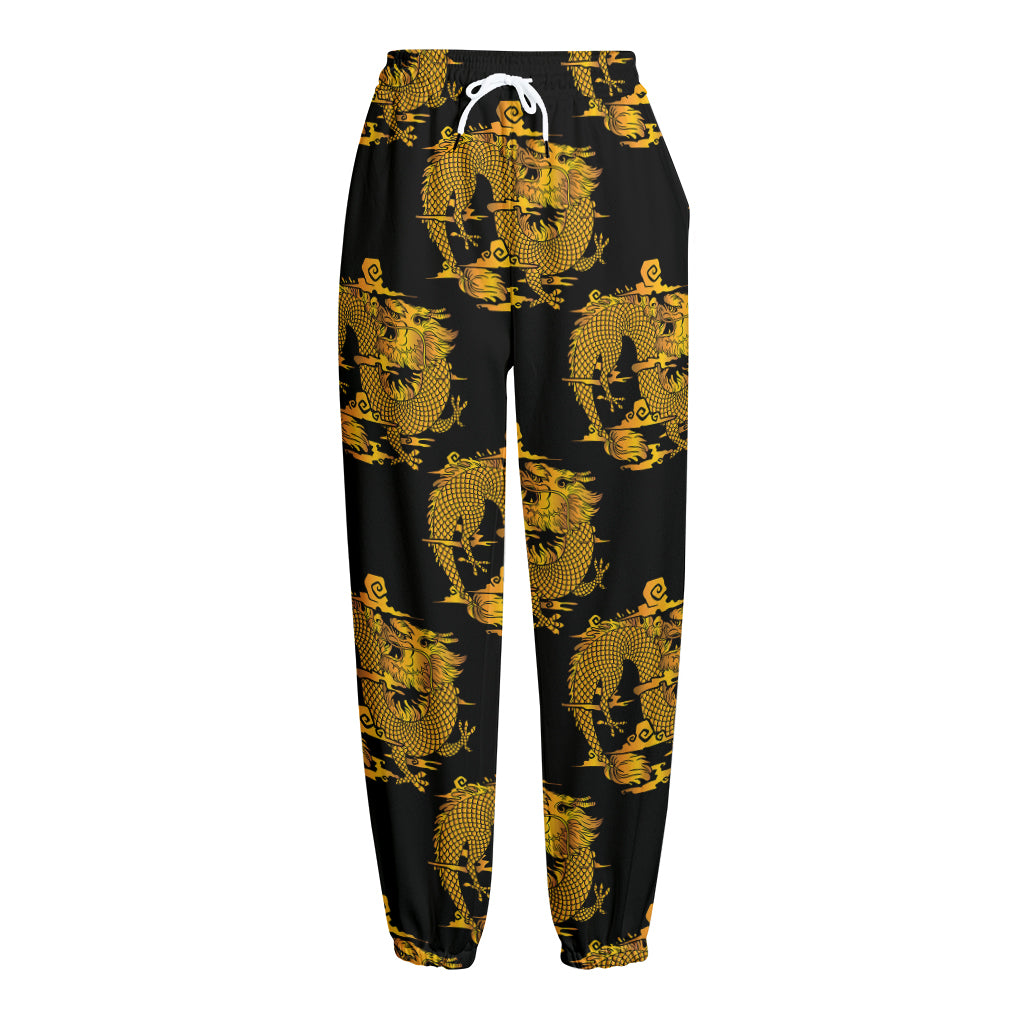 Black And Gold Dragon Pattern Print Fleece Lined Knit Pants