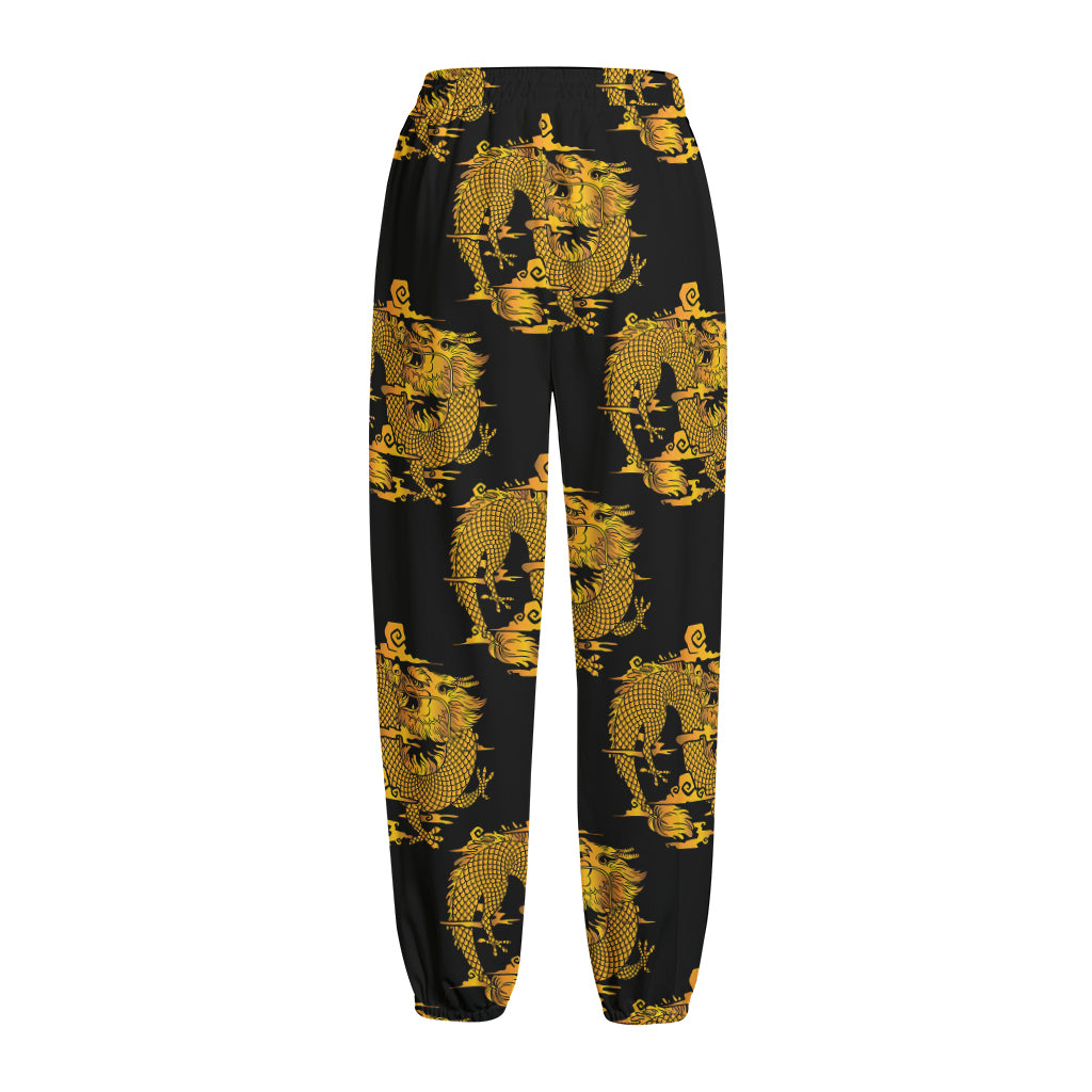 Black And Gold Dragon Pattern Print Fleece Lined Knit Pants