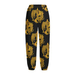 Black And Gold Dragon Pattern Print Fleece Lined Knit Pants