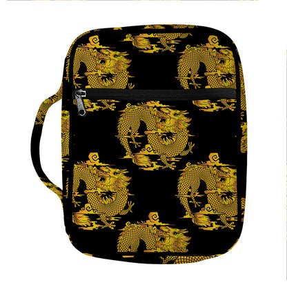 Black And Gold Dragon Pattern Print Front Pocket Bible Bag