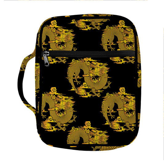 Black And Gold Dragon Pattern Print Front Pocket Bible Bag