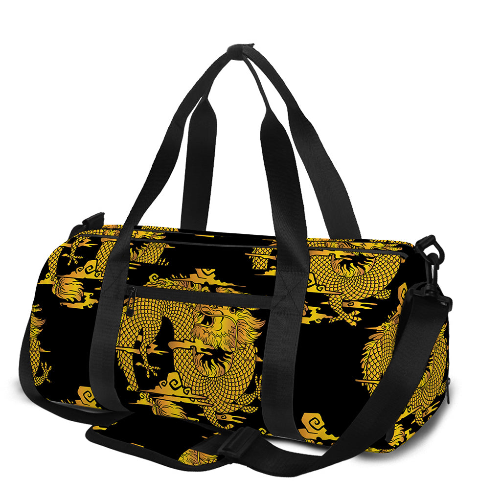 Black And Gold Dragon Pattern Print Gym Bag