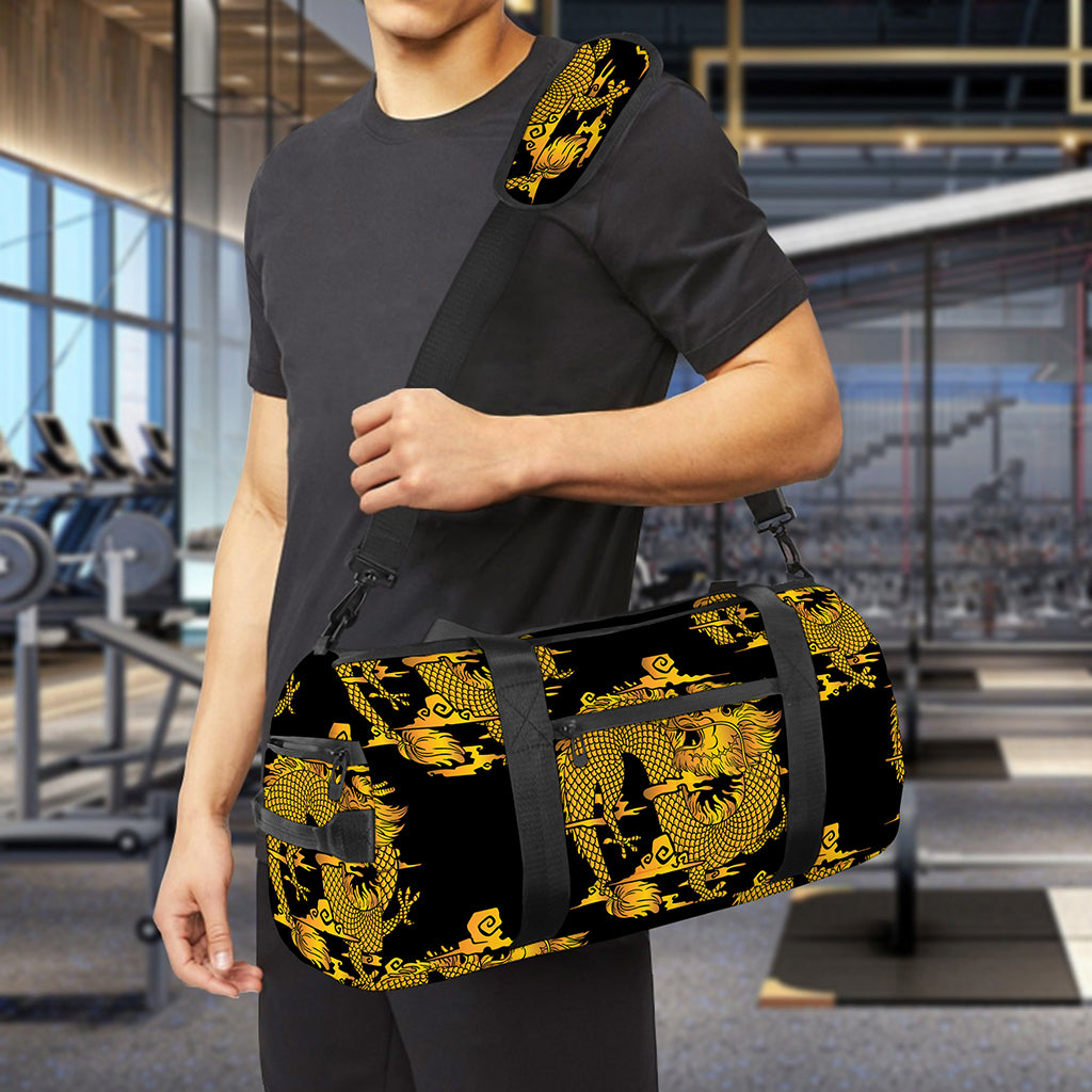 Black And Gold Dragon Pattern Print Gym Bag