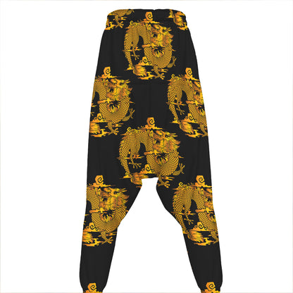 Black And Gold Dragon Pattern Print Hammer Pants