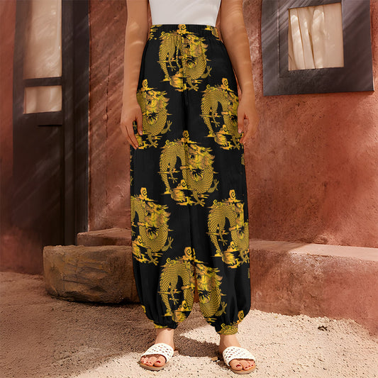 Black And Gold Dragon Pattern Print Harem Pants